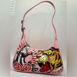 Ed Hardy Pink Shoulder Bag with Tiger and Panther Design, NWOT
